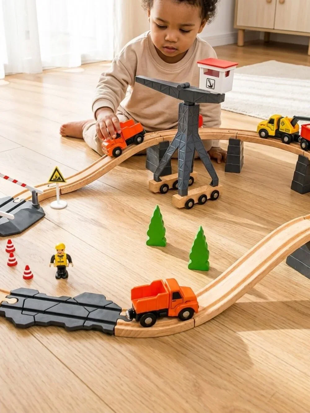 Wooden Construction Train Set Crane Trucks Railway Track Kids Toy Playset